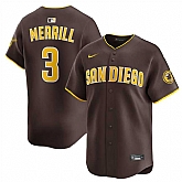 Men's San Diego Padres #3 Jackson Merrill Brown 2024 Away Limited Stitched Jersey Dzhi,baseball caps,new era cap wholesale,wholesale hats